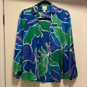 Women's Blue and Green Floral Blouse